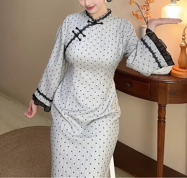 Plus Size Neo-Chinese Polka Dot Qipao Dress