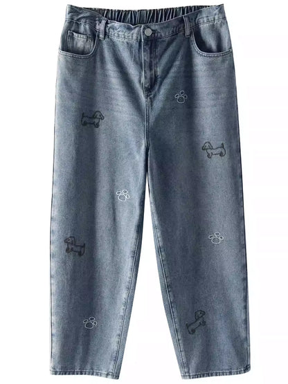 Plus Size Shaping Long Animal Embroidery Denim Wide-Leg Pants