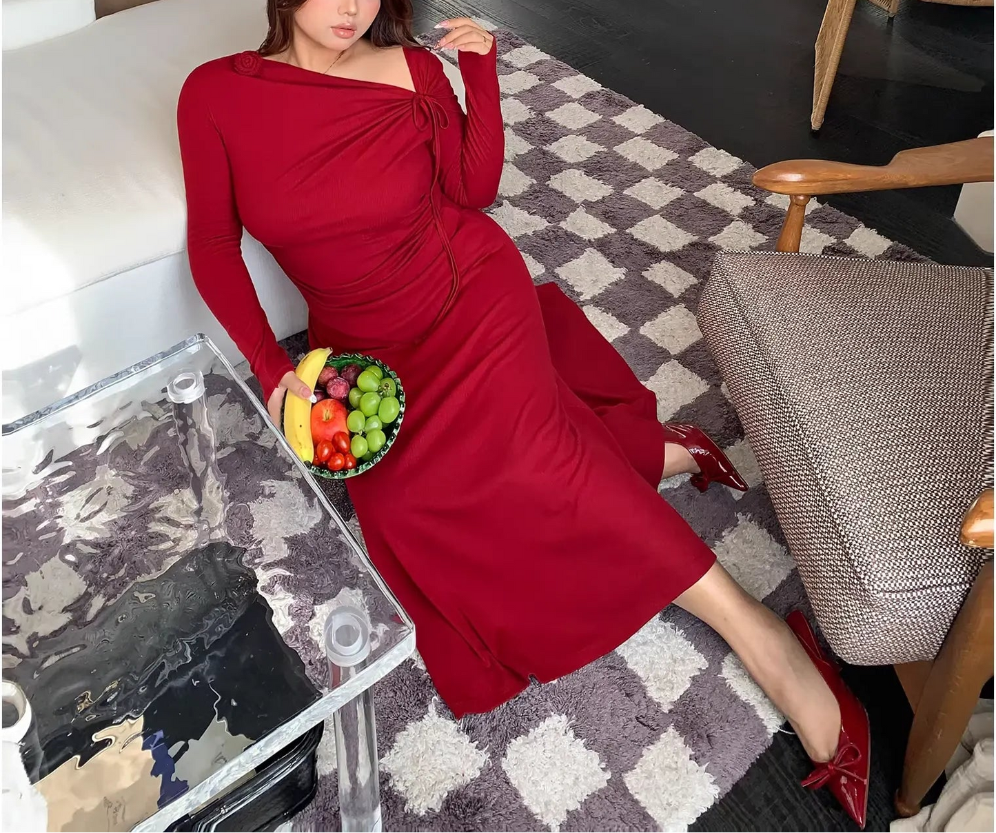 Plus Size Red Knit Long Sleeve Waist Maxi Dress