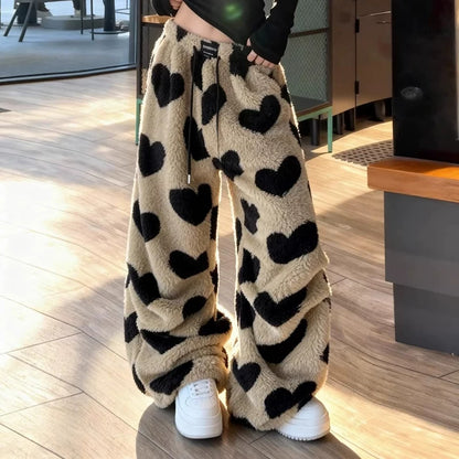 Love Heart Fleece Lined Thick Warm Pants, Relaxed Fit Loose Trousers