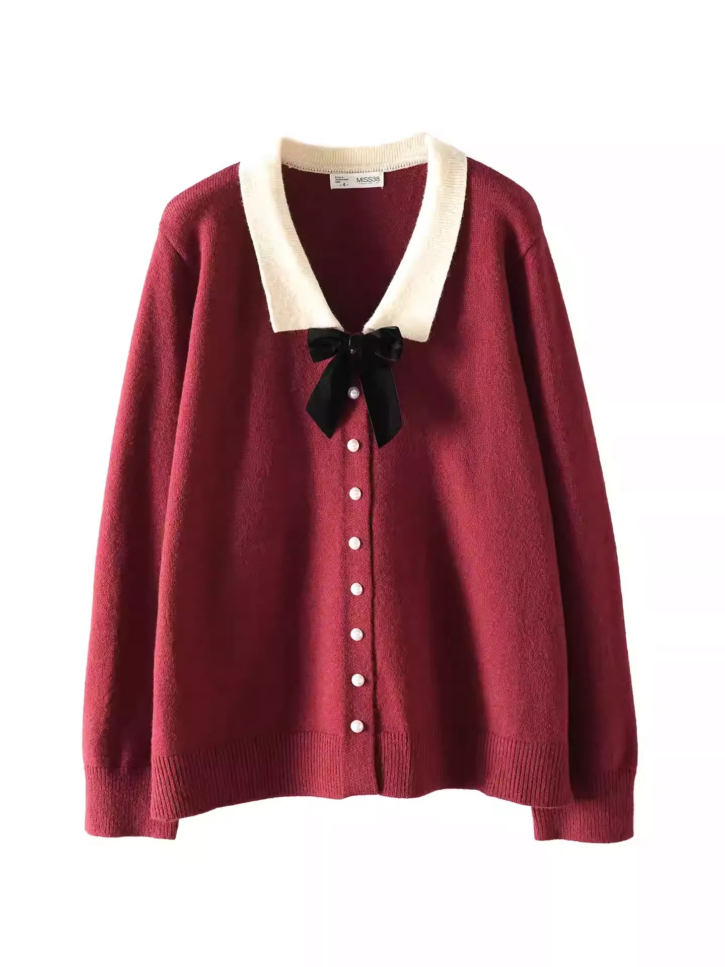 Plus Size Spring Contrast Color Lapel Bow Knot Red Knit Top