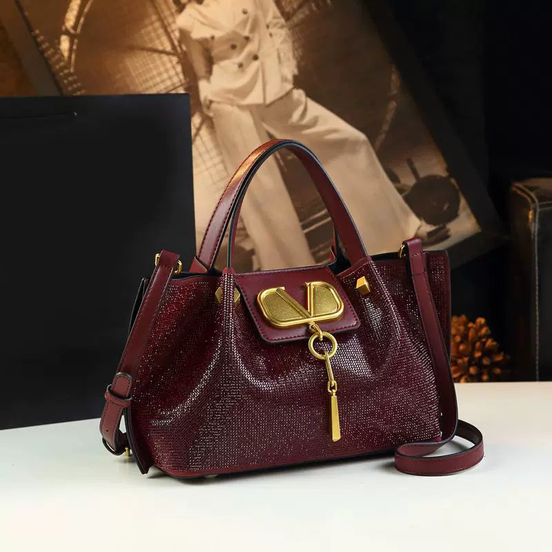 Women's Rhinestone-Embellished Large Capacity Genuine Leather Shoulder Bag