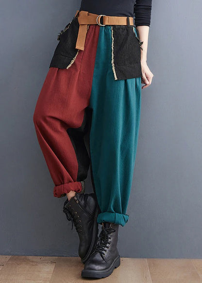 Streetwear Colorblock Pockets Patchwork Cotton Denim Harm Pants Summer